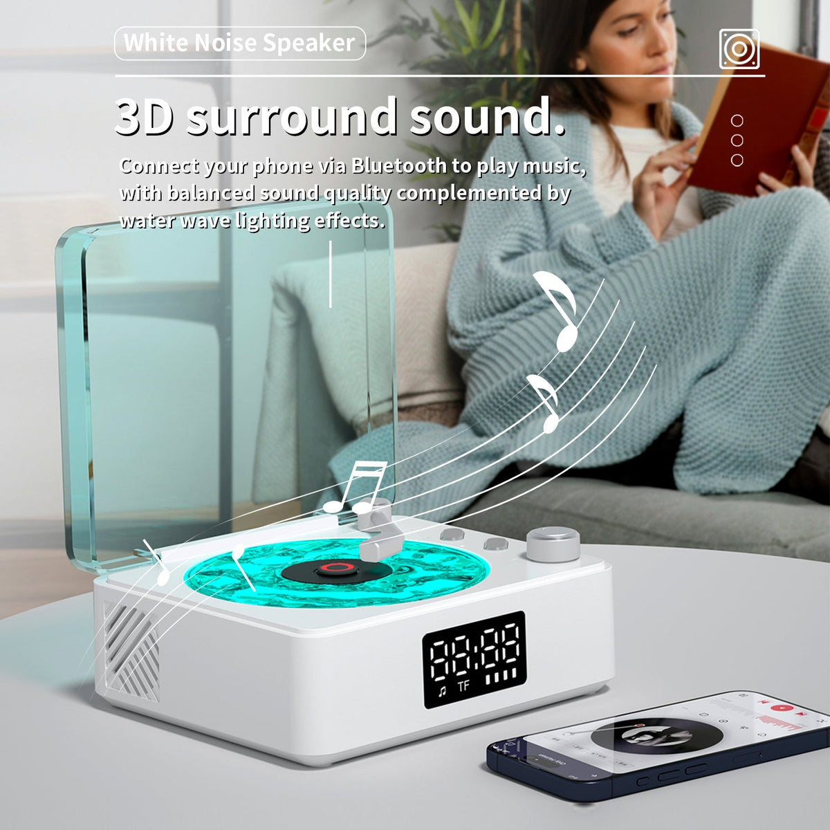 Retro-style Wireless waves Bluetooth Speaker for Sea White Noise with Bedroom Clock & Ambience Light, A Great Gift Suited for Computer Desktop