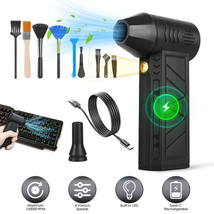 Compressed Air Duster with LED Light Up to 150000RPM Speed for PC Keyboard Cleaning High Speed Rechargeable Cordless Air Blower with 4 Speeds for Home