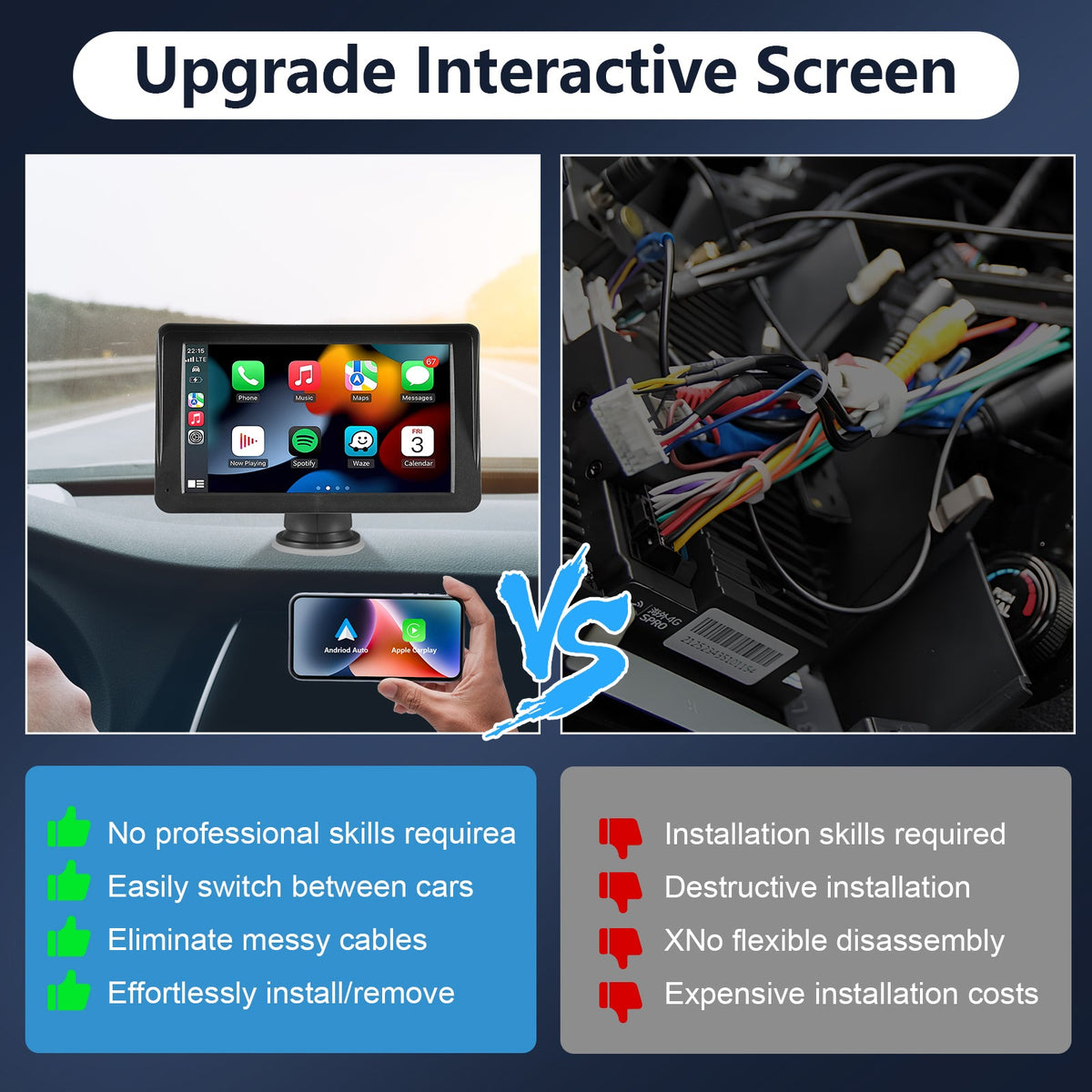 Portable Car Stereo Wireless CarPlay & Android Auto, Car Radio 7inches Touchscreen, Bluetooth5.0, Mirror Link, Maps Navigation, Voice Control, AUX Cable Vehicles