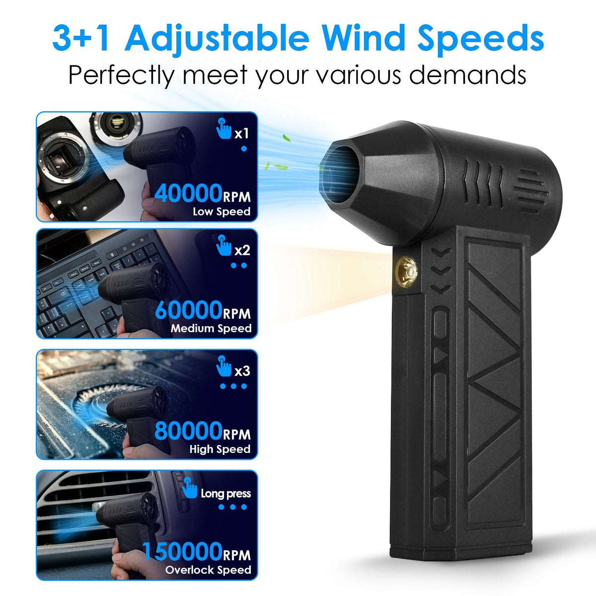 Compressed Air Duster with LED Light Up to 150000RPM Speed for PC Keyboard Cleaning High Speed Rechargeable Cordless Air Blower with 4 Speeds for Home